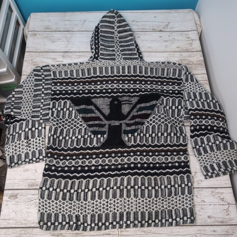 Vintage Ecuador Sweater Adult Medium Gray Pull Over Hood Native Eagle Cardigan